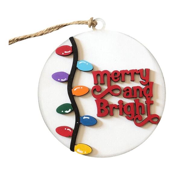 Whimsical  Red “Merry and Bright” Branch With Lights Ornament Hand Painted Wood - Picture 5 of 9